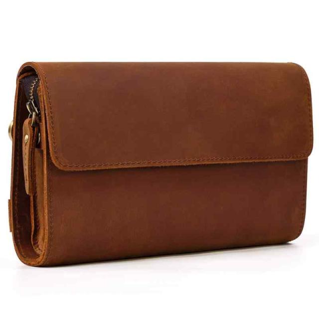 [wifreo] セカンドバッグ 本革 メンズ 大容量 レザー クラッチバッグ スマホ対応 チェーン付 手持ち クラッチウォレット 紳士用 ハンドバッグ パーティー 結婚式 人気バッグ 軽量 (ライトブラウン)