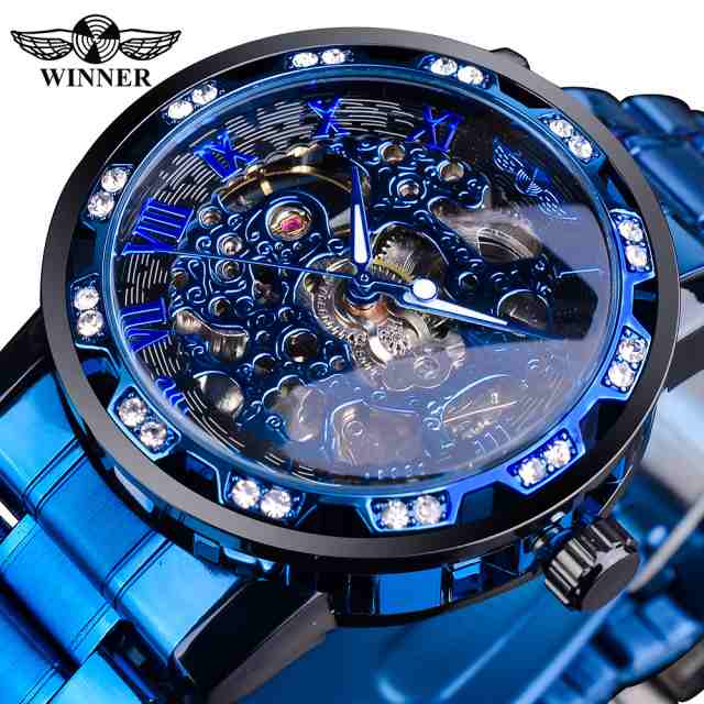 男性用ブルーステンレススチールダイヤモンドメカニカル腕時計 高級 