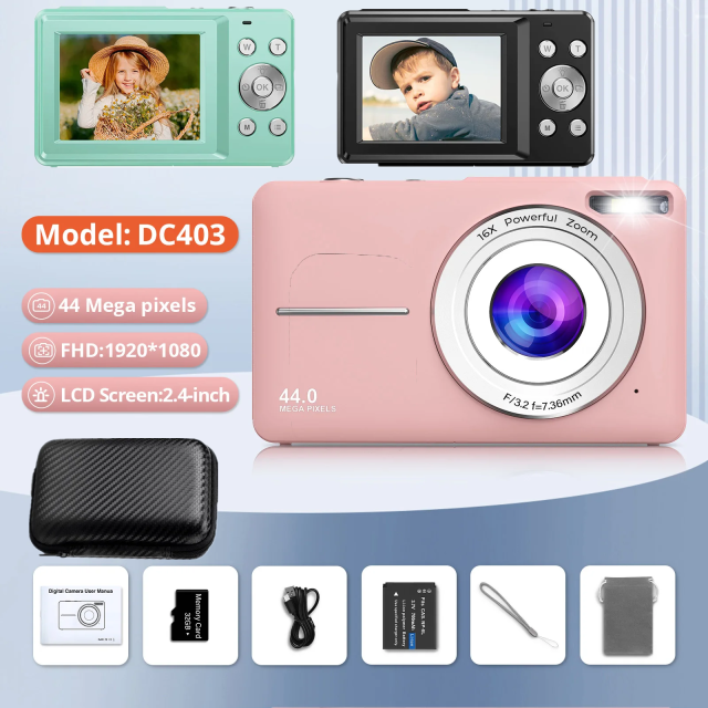 HD 1080P 2.4インチデジタルカメラ 充電式カメラ 16倍ズーム コンパクトカメラ 44MPカメラ 子供用 初心者用カメラ