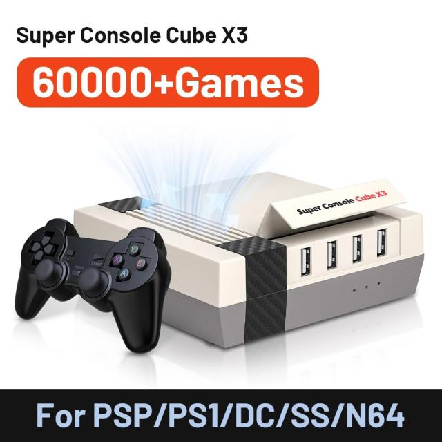 Kinhankスーパーコンソールキューブx3レトロゲームコンソール60000古典的なゲームボックス60エミュレータ付きpsp/ps1/dc/mame/ss 4k hd出力