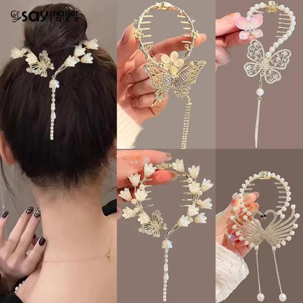 バタフライベルクロークリップ ヘアアクセサリー ポニーテールバックル パールヘアクリップ