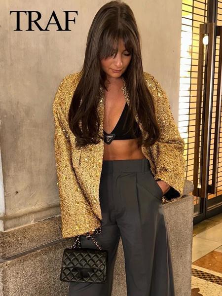 女性のためのraf-光沢のあるスパンコールジャケット、スタンドカラー、長袖、女性のショートコート、ハイストリートウェア、ゴールドカラー、y2kファッション、秋冬 女性のためのraf-光沢のあるスパンコールジャケット、スタンドカラー