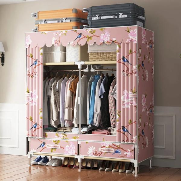 引き出し付きのシンプルなワードローブ 寝室のクローゼット スチールパイプの組み立て 吊り下げの通販は 6,370円