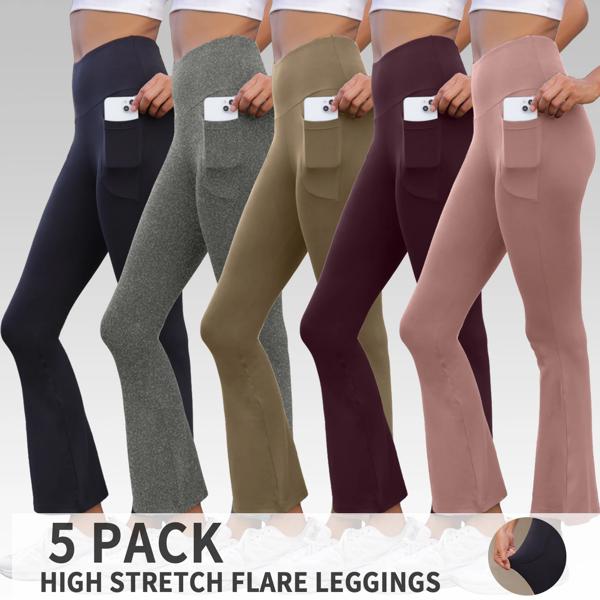 5 パック レディース スーパー ソフト フレア パンツ ポケット付き ハイウエスト おなかコントロール ワークアウト ヨガ レギンス ベルボトム