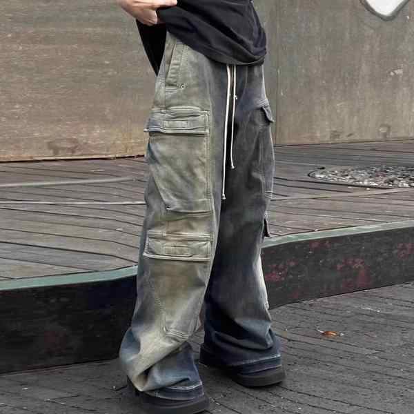 男性用プロスタイルグラデーションリボンジーンズ、マルチポケット、ドローストリング、ハラジュクストリートウェア、バギーデニムパンツ、特大カルゴ、y2kの通販は