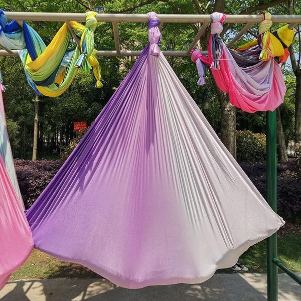 グラデーションカラーのヨガハンモック、エアヨガハンモック、シルク生地のみ、カラビナ、デイジーチェーン (5m x 2.8m)