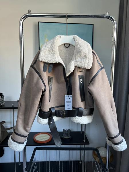 TRAF-女性用サーマルボンバージャケット,合成シープスキン,厚手の