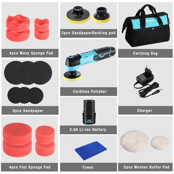 Duratech 12V コードレスカーポリッシャー コンパクト & 強力な 6 スピードバッファ 2.0Ah バッテリー付き カーケア用フルディテールキット