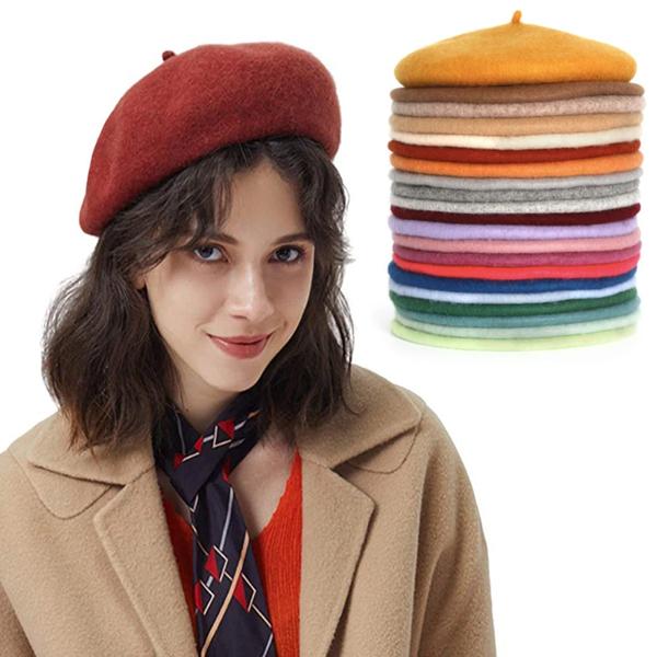 女性のためのエレガントな秋のウールの帽子 抽象的なフレンチスタイルの暖かい冬の帽子 レトロな無地のベレー帽