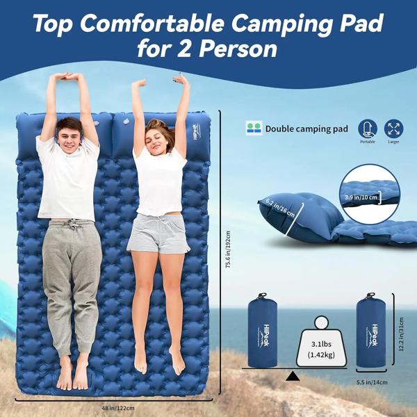 枕ポンプ内蔵のダブルインフレータブルマットレス キャンプ用スリーピングパッド 旅行用エアマット バックパッキング ハイキング_2