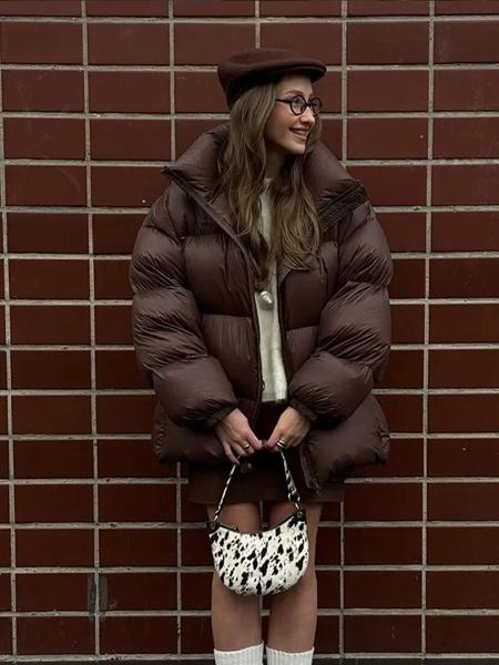女性用ジッパー付きスタンドカラーコットンコート,特大ジャケット,暖かいアウターウェア,ストリート通勤,女性用ファッション,ブラウン,新しい,冬,2022