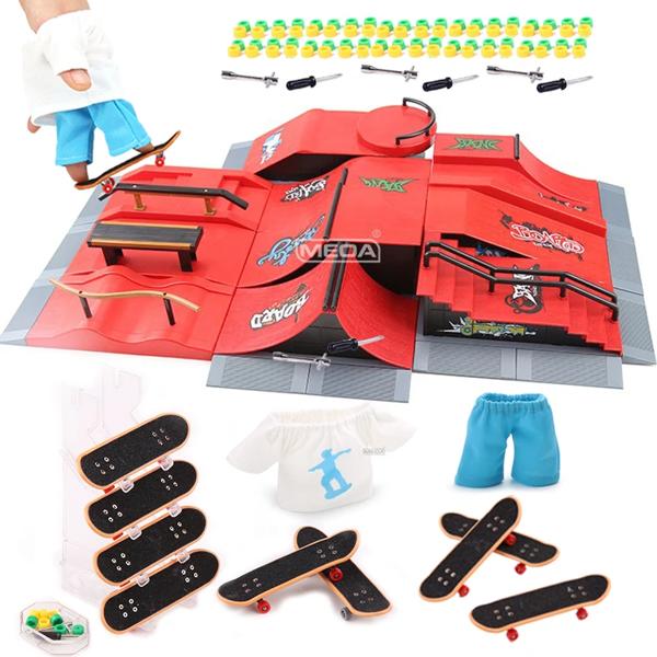フィンガースケートパーク 10-in-1 セットプロフェッショナルテック練習デッキプラットフォームスタント DIY フィンガースケートボード組み立てランプパークキットおもちゃ