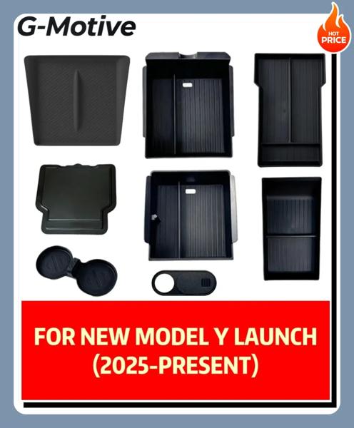 テスラ新型モデルY 2025年発売 ジュニパーABS製シリコン滑り止めマット付きコンソール＆アームレスト収納ボックス 上下ウォーターカップ