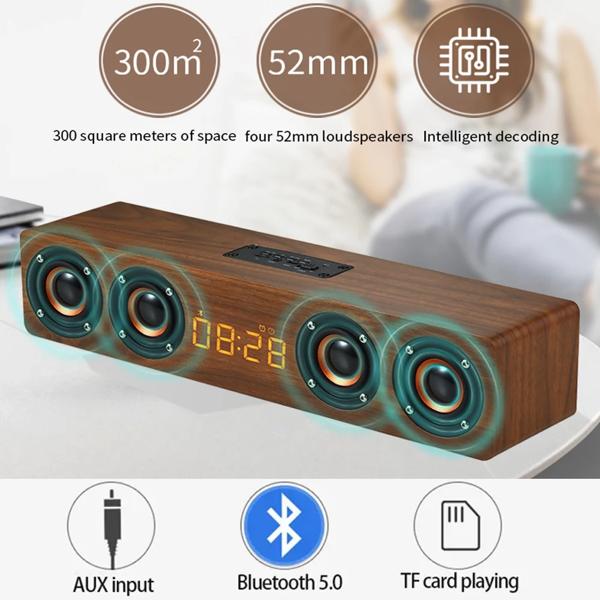 BluetoothサウンドバーサブウーファースピーカーとFMラジオを備えた充電式木製目覚まし時計、家庭やeスポーツゲームルームの装飾用