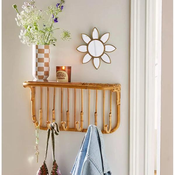 ヴィンテージ籐織り衣類ラック、クリエイティブコートスタンド、多機能収納棚、玄関壁掛けバッグフック、寝室収納