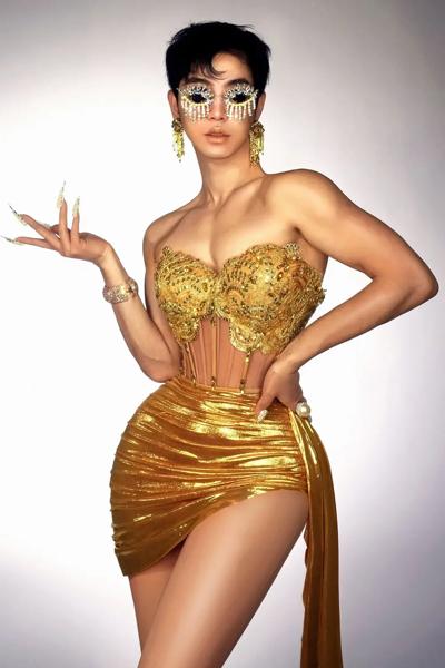 ストラップレスミニドレス,ゴールドカラー,タイト,バーシンガー