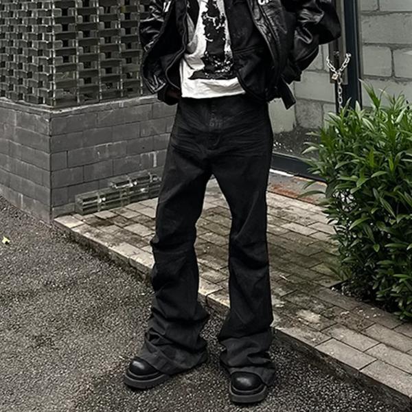 男性と女性のための接着剤コーティングされたストレートカットパンツ,カジュアル,幅広,ストリートウェア,ブラック 男性と女性のための接着剤コーティングされたストレートカットパンツ
