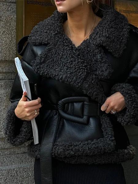 女性用ヴィンテージファーレザーコート,パッチワーク,ラペルレース