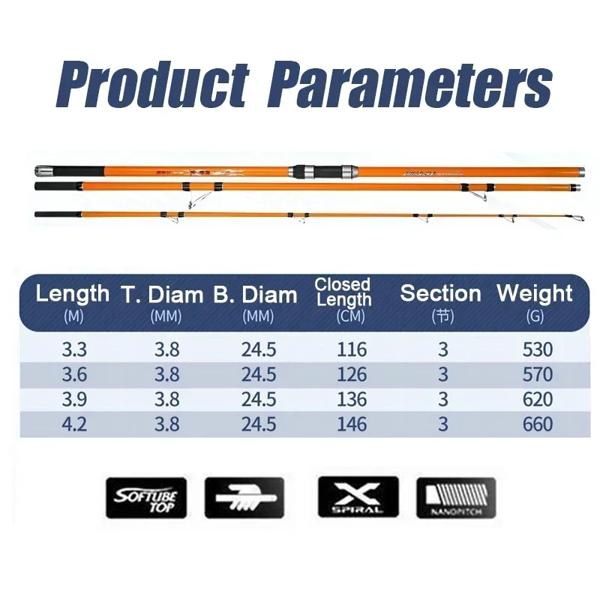 サーフスピニングフィッシングロッド,カーボンファイバー,3セクション,35kg, 3.3m, 3.6m, 3.9m, 4.2m