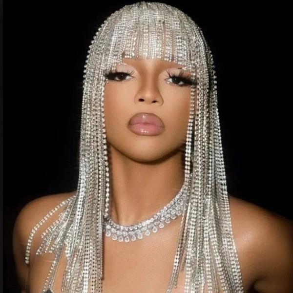 女性のための長いラインストーンのヘアチェーン,ゴージャスなヘッドバンド,クリスタルの中空ヘッドジュエリーの通販は