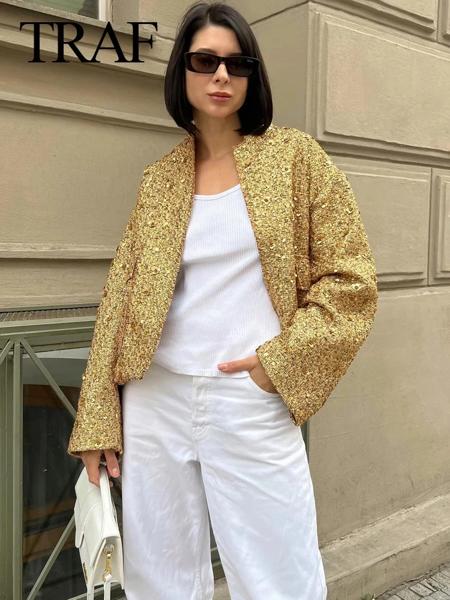 女性のためのraf-光沢のあるスパンコールジャケット、スタンドカラー、長袖、女性のショートコート、ハイストリートウェア、ゴールドカラー、y2kファッション、秋冬_1