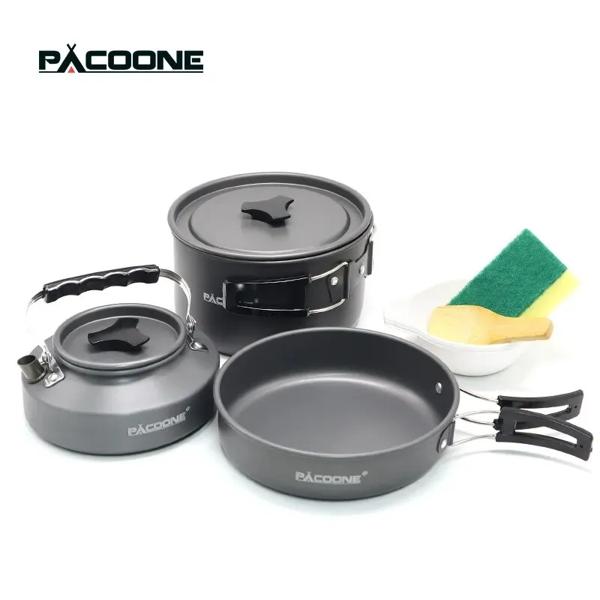 PACOONE キャンプ調理器具セットポータブル調理器具キットアウトドアポット調理水ケトルパンセット食器ハイキングピクニック用品