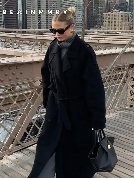 女性用ベルト付きブラックウールロングコート,ルーズオーバーコート,ダブルボタン,ラペル,ストリートウェア,レディース,秋のファッション