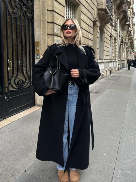 女性用ベルト付きブラックウールロングコート,ルーズオーバーコート