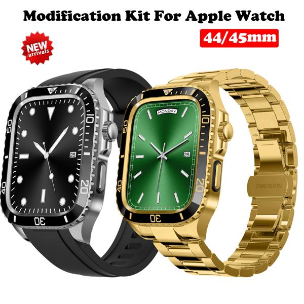 Apple Watch用ステンレススチールストラップとケース,iwatchシリーズ用44mm 45mm改造キット8 7 se 6 5 4,DIY変更