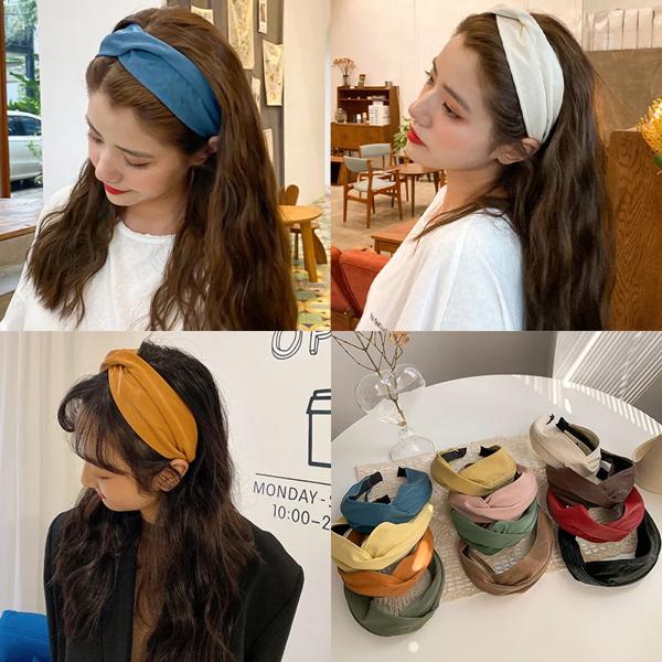 女性のための無地のレトロな革のヘッドバンド ヘアアクセサリー 超ワイドクロス シンプルで手洗い