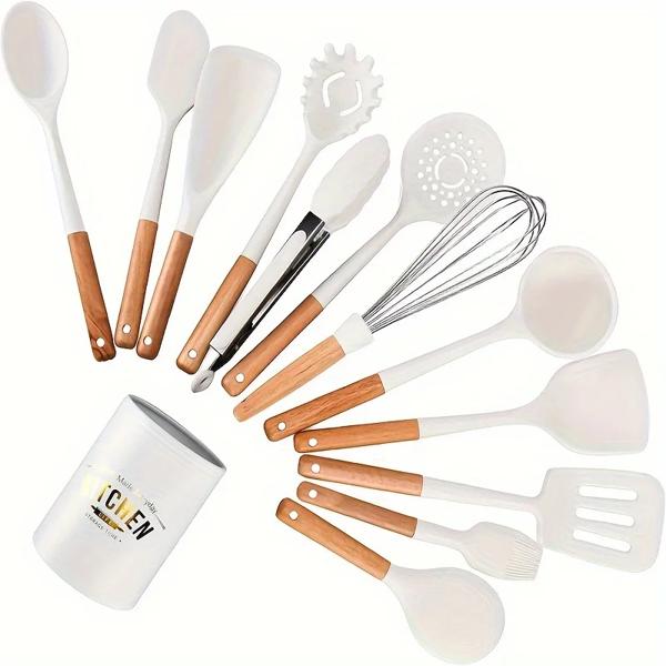 大型シリコン調理器具セット 耐熱性 木製ハンドル付き調理器具 ヘラセット 白の通販は