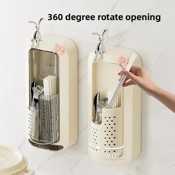 壁掛け回転式箸ホルダー 防塵カバー キッチン排水可能 穴あけ不要 箸収納チューブオーガナイザー