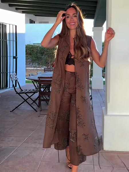 女性用ノースリーブスリットシャツとパンツのセット,ビーズの刺embroidery,長いタンクトップ,ワイドレッグパンツ,婦人服