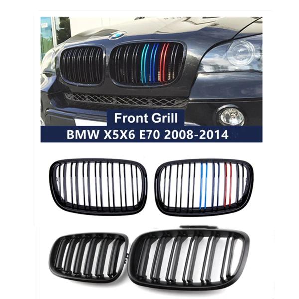 1 ペアフロントグリル BMW X5/X6 E70 E71 2008-2014 グロスマットブラック腎臓グリルカーボンファイバー交換用フロントバンパーグリル