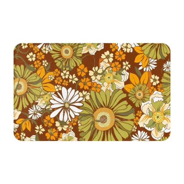 レトロなヴィンテージフラワーパワーパターン70年代 自由奔放に生きるスタイルの3Dホームアイテム グマット フットマット レトロフットパッド 自由奔放に生きる ミッドセンチュリー 60s 70s