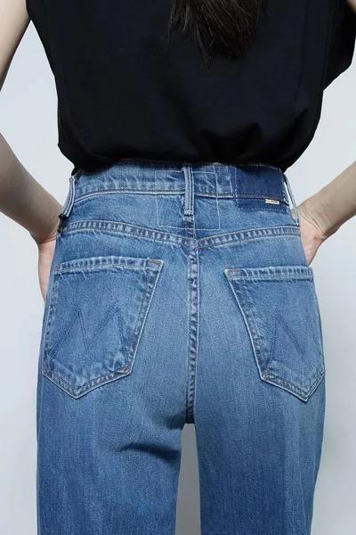 女性用刺letterレターデニムロングパンツ、ハイウエスト、ワイドレッグストレートジーンズ、単色、新、2023 女性用刺letterレターデニムロングパンツ、ハイウエスト、ワイドレッグ