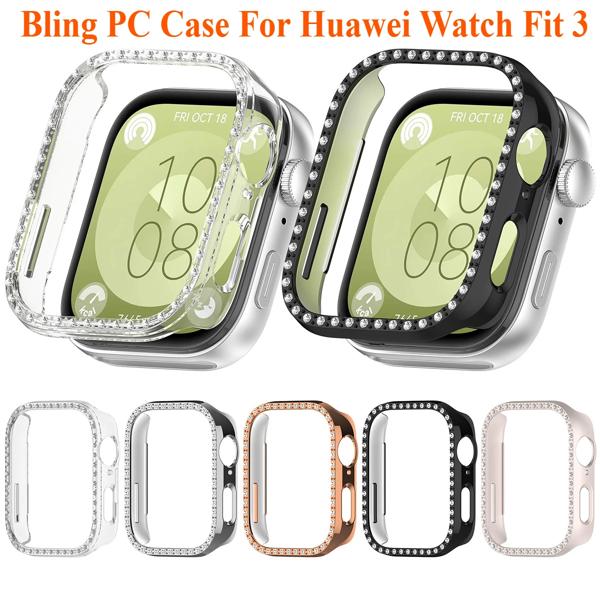 Huawei Watch Fit 3用のブリンブリンPCケース,2列ダイヤモンド,クリスタルPC保護カバー,時計ストラップ保護バンド
