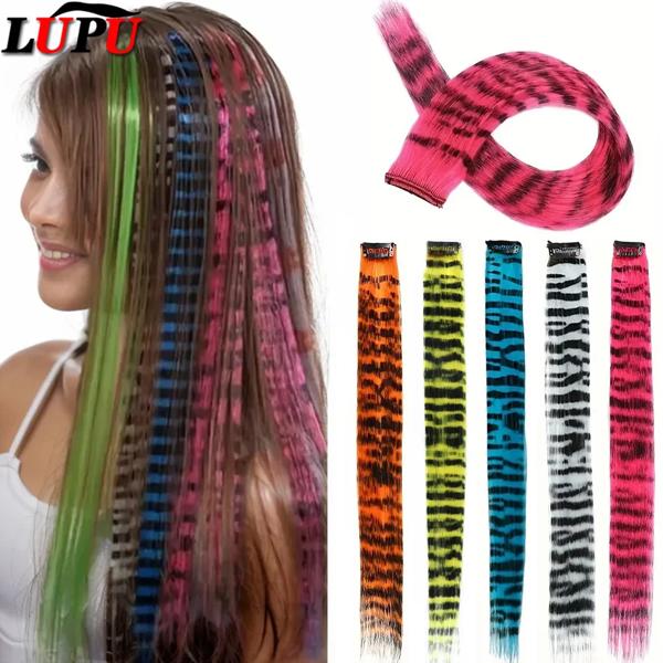 LUPU 合成フェザーヘアエクステンションカラフルな偽のヘアクリップワンピースかつら女性のためのコスプレパーティー Y2K スタイル