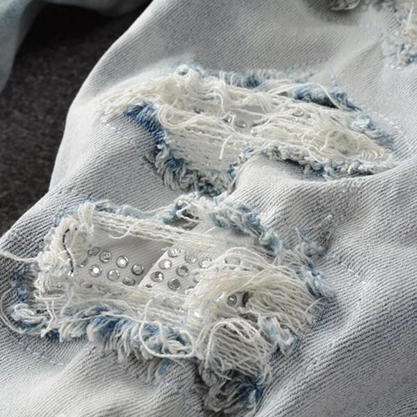 メンズクリスタルホール破れたパッチワークジーンズストリートウェアライトブルーデニムスリムペンシルパンツパンツ メンズクリスタルホール破れたパッチワークジーンズストリートウェア