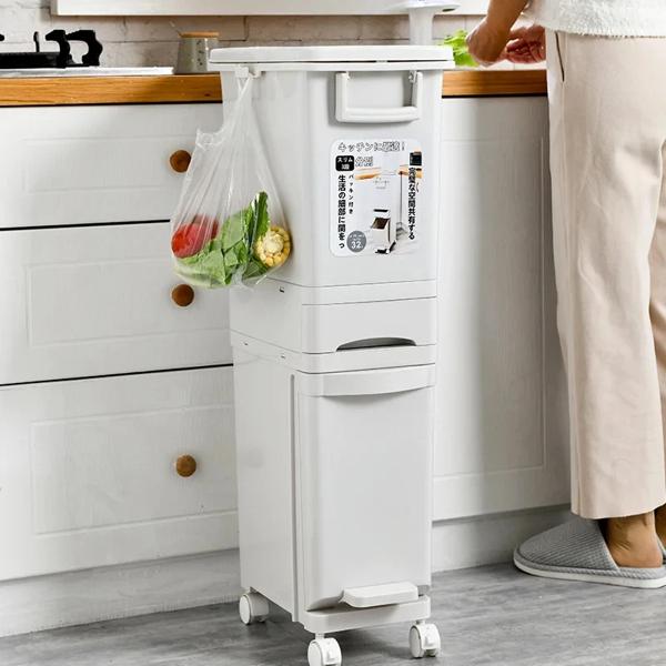 キッチンダブルパーティションゴミ箱,シンプルなロングチューブゴミ箱,モバイルプーリー,ガベージバスケット,ドライおよびウェットの分離,ゴミ箱