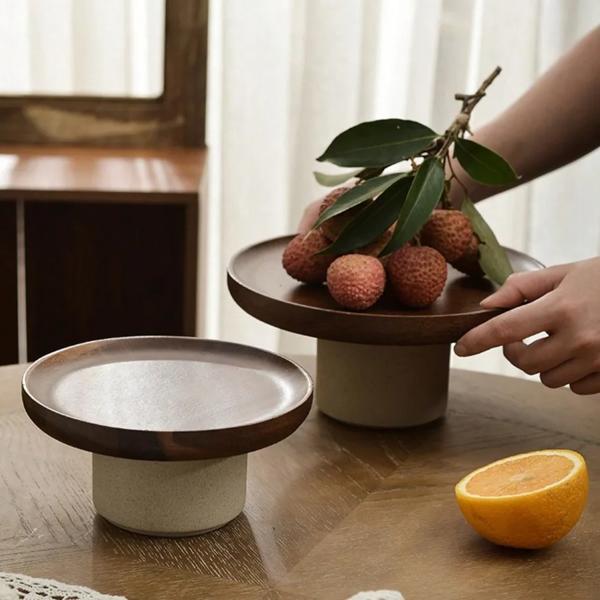 日本のセラミックケーキフルーツトレイ、木製の卵トレイ、デザート収納棚、背の高い足のスナック装飾トレイ、キッチンアクセサリー