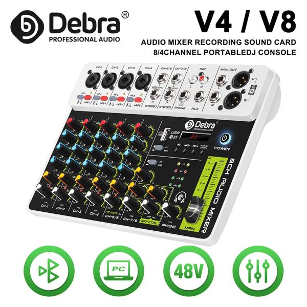 Debra-オーディオインターフェースミキサー Bluetooth 5.0 USB 48Vファンタム電源 PC録音用DJミキサー 繰り返し遅延効果 v4 v8