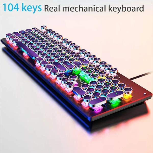 メカニカルキーボード,レトロ,ブルー,ブラック,ブラウン,104キー,USBケーブル,rgbバックライト付き,ラップトップ用