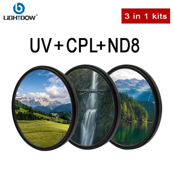 Lightdow ユニバーサル UV CPL ND8 3 で 1 キットレンズフィルター 49 52 55 58 62 67 72 77 82 ミリメートルカメラレンズフィルターキットキャノンニコンソニー