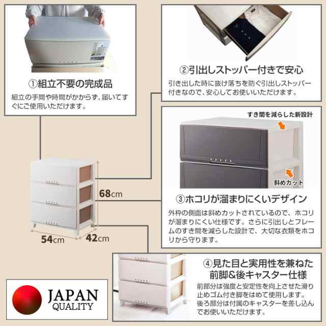 天馬(Tenma) シーンを選ばず使える収納チェスト 日本製 完成品 ルームケース 3段 キャスター付きで移動が簡単 引出しロック付きで抜け落ちを防ぐスムーズな引出し タンス 収納ケース 衣装ケース プラスチック 組立不要 色 カプチーノ サイズ 5403 幅54×奥行42×高さ68cmの通販は