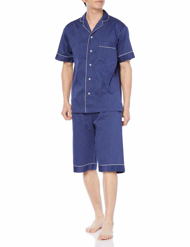 グンゼ パジャマ KaiminNavi快眠ナビ半袖6分丈パンツ シルク入りサテンストライプ メンズ ブルー_GM1021 M