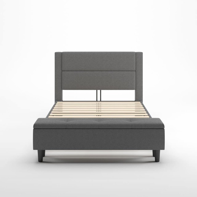 ZINUS 布張り ベッドフレーム ダブル Wanda Platform Bed with Storage Footboard ダークグレー 脚元収納付き ベンチ収納 | ベッド 組み