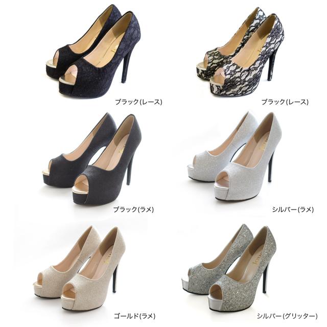 パンプス ピンヒール プラットフォーム オープントゥ レース