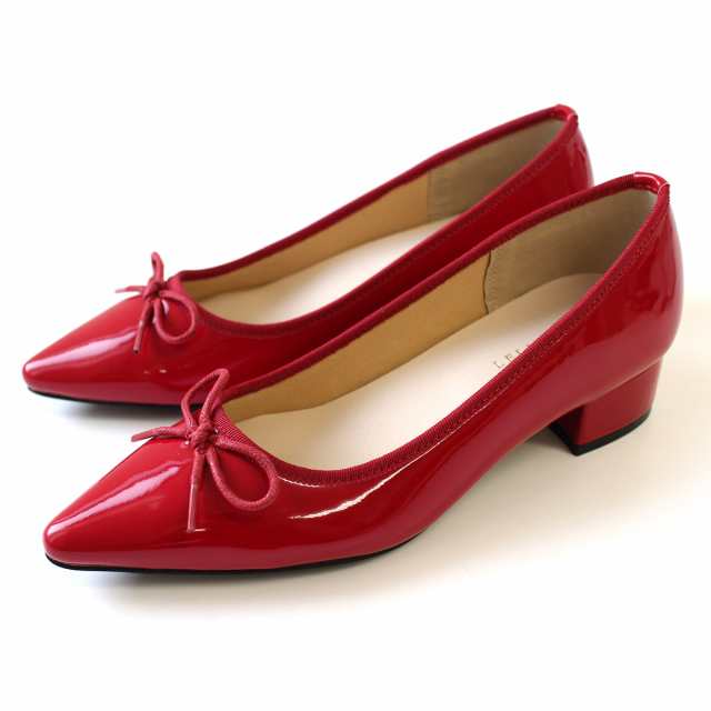 リボン パンプス エナメル 赤 - 靴