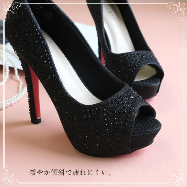 【美品】ラインストーンパンプス パンプス 歩きやすい 履きやすい 12cmヒール オープントゥ